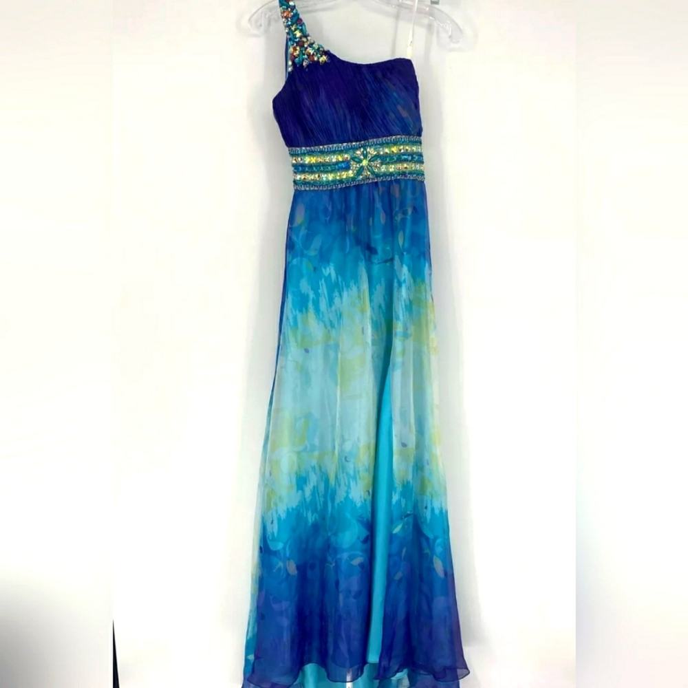 Rina Designer Blue Abstract One Shoulder Sleeve Ruched Beaded Maxi Dress Size 4
